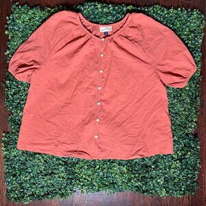 Universal Thread Boho Rust Red Puff Elbow Sleeve Button Front Top Blouse Sz M